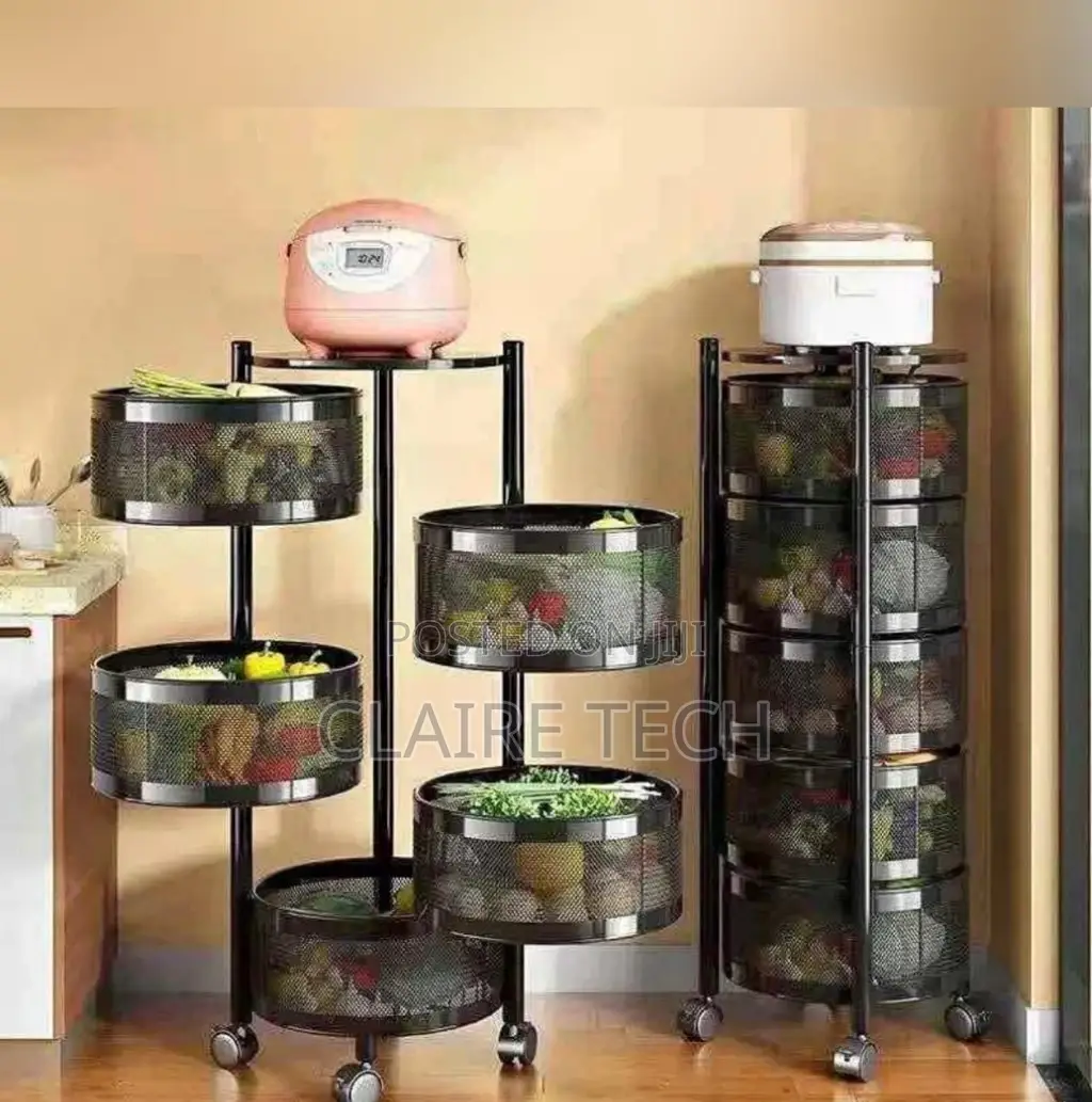 Metallic 5 Tier Round Kitchen Storage Rack With Wheels