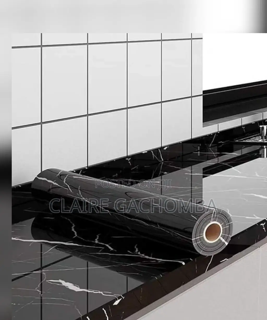 5m Adhesive Wallpaper -Blacksilver Marble White