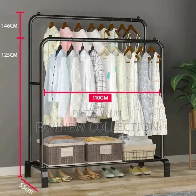 Straight Double Clothes Rack With 2 Bottom Storage Organizer