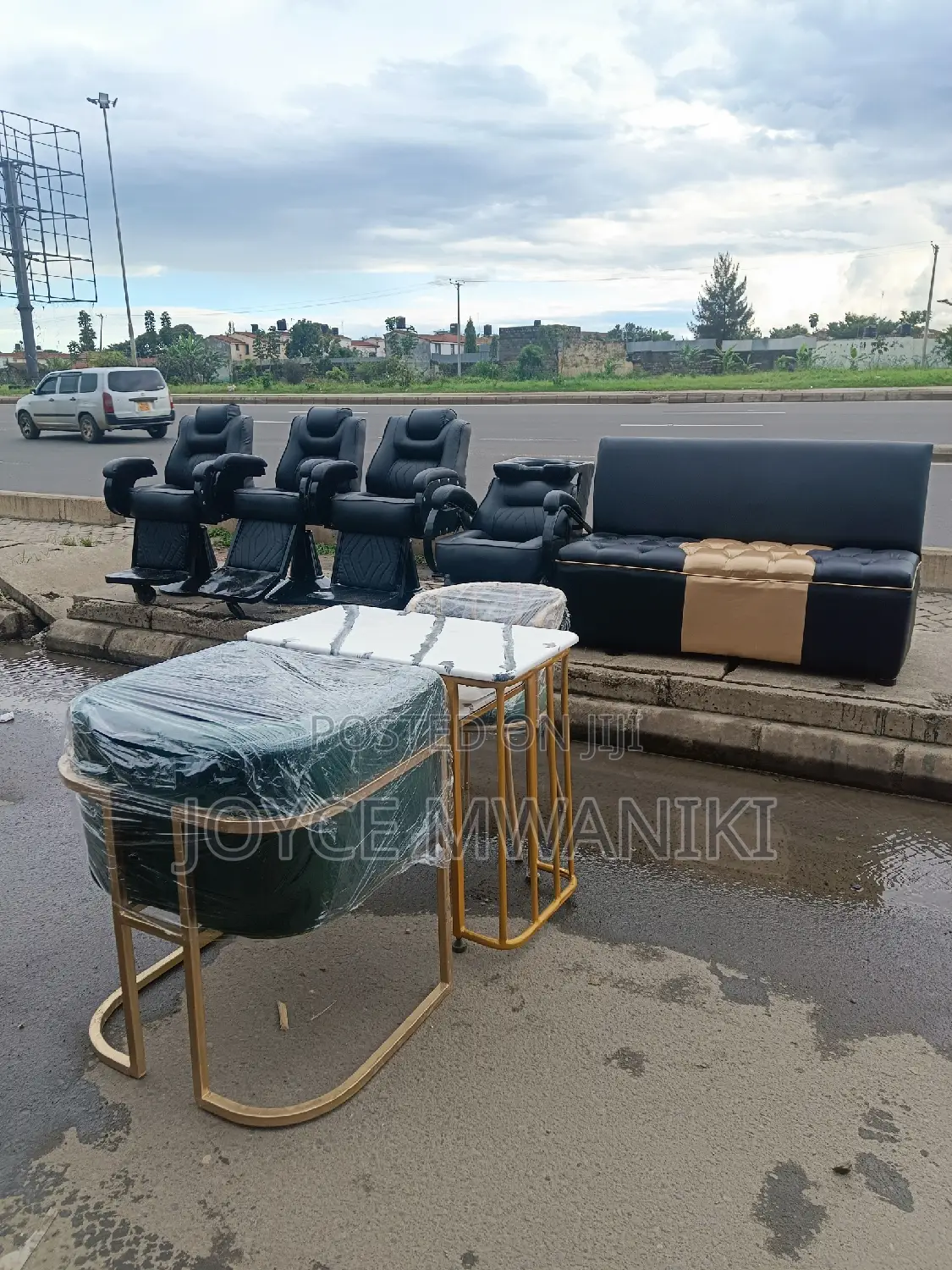 3 Barber Seats, Sink, Waiting Bench and Manicure Set 