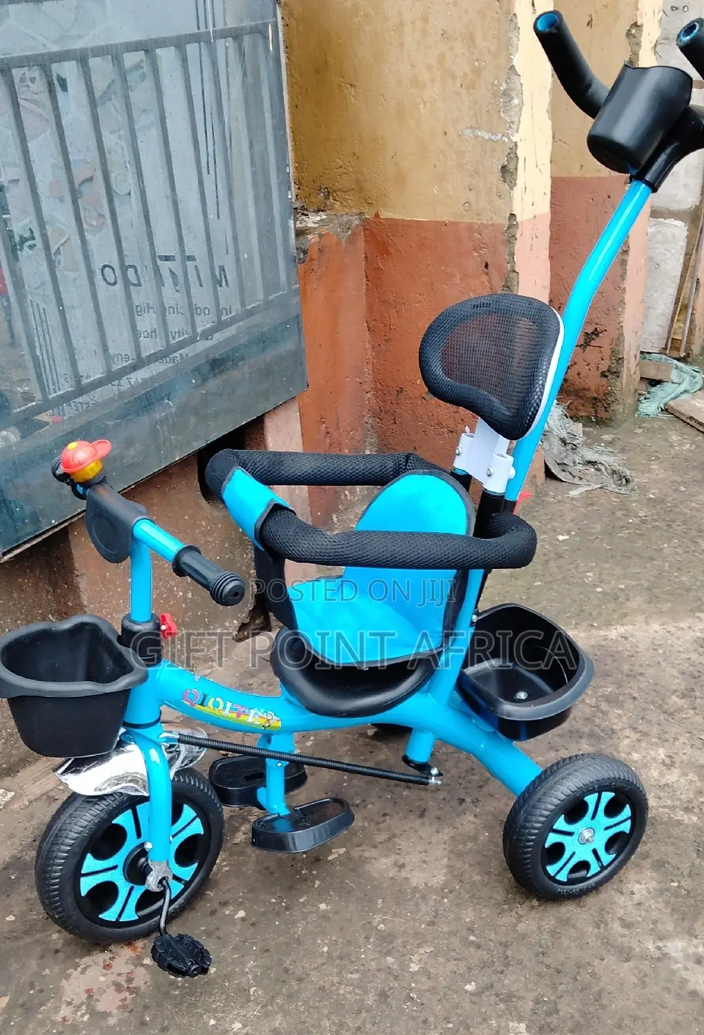 Kids Push Handle Three Wheels Triacycle Blue in Color