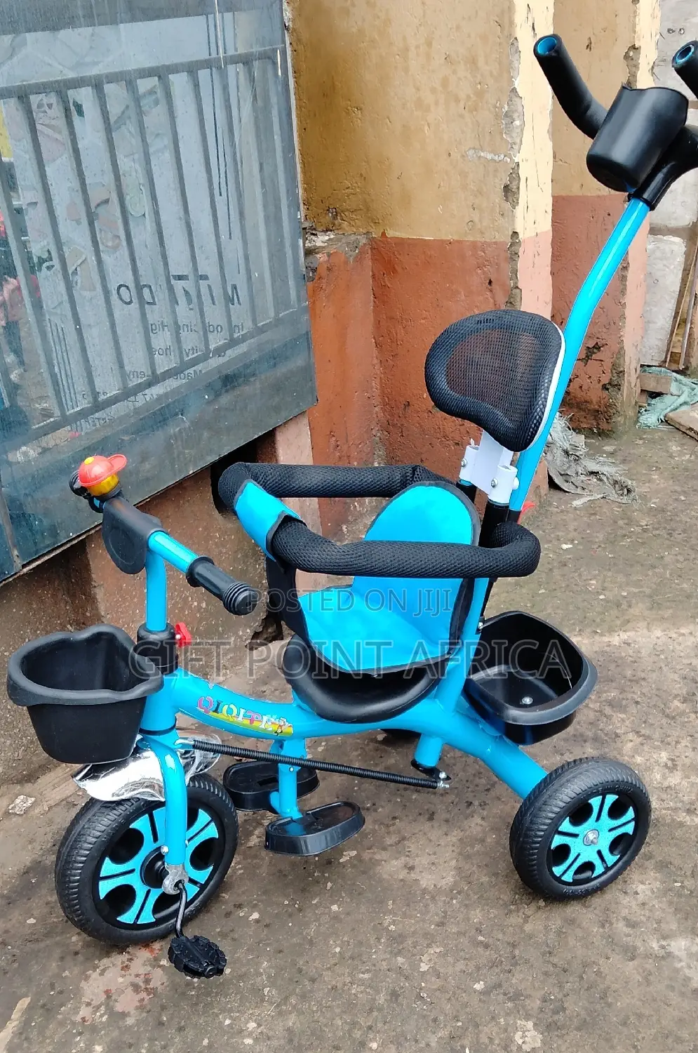 Kids Push Handle Three Wheels Triacycle Blue in Color