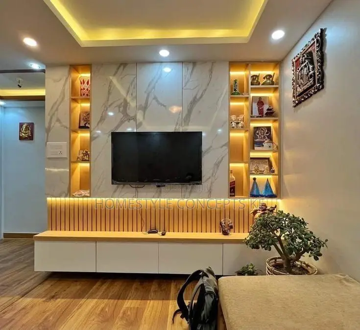 New Modern Fluted Panels Marble Sheet Combo TV Niche Design