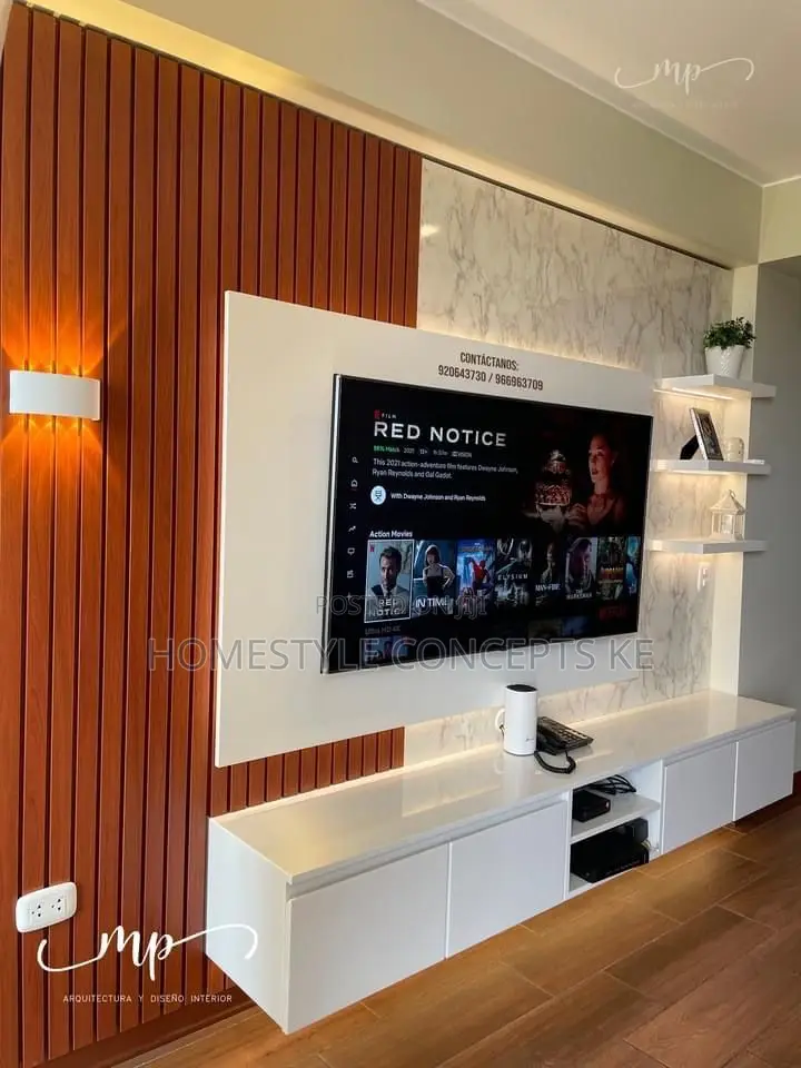 Movable TV Niches Fluted Panels Marble Sheet Combo