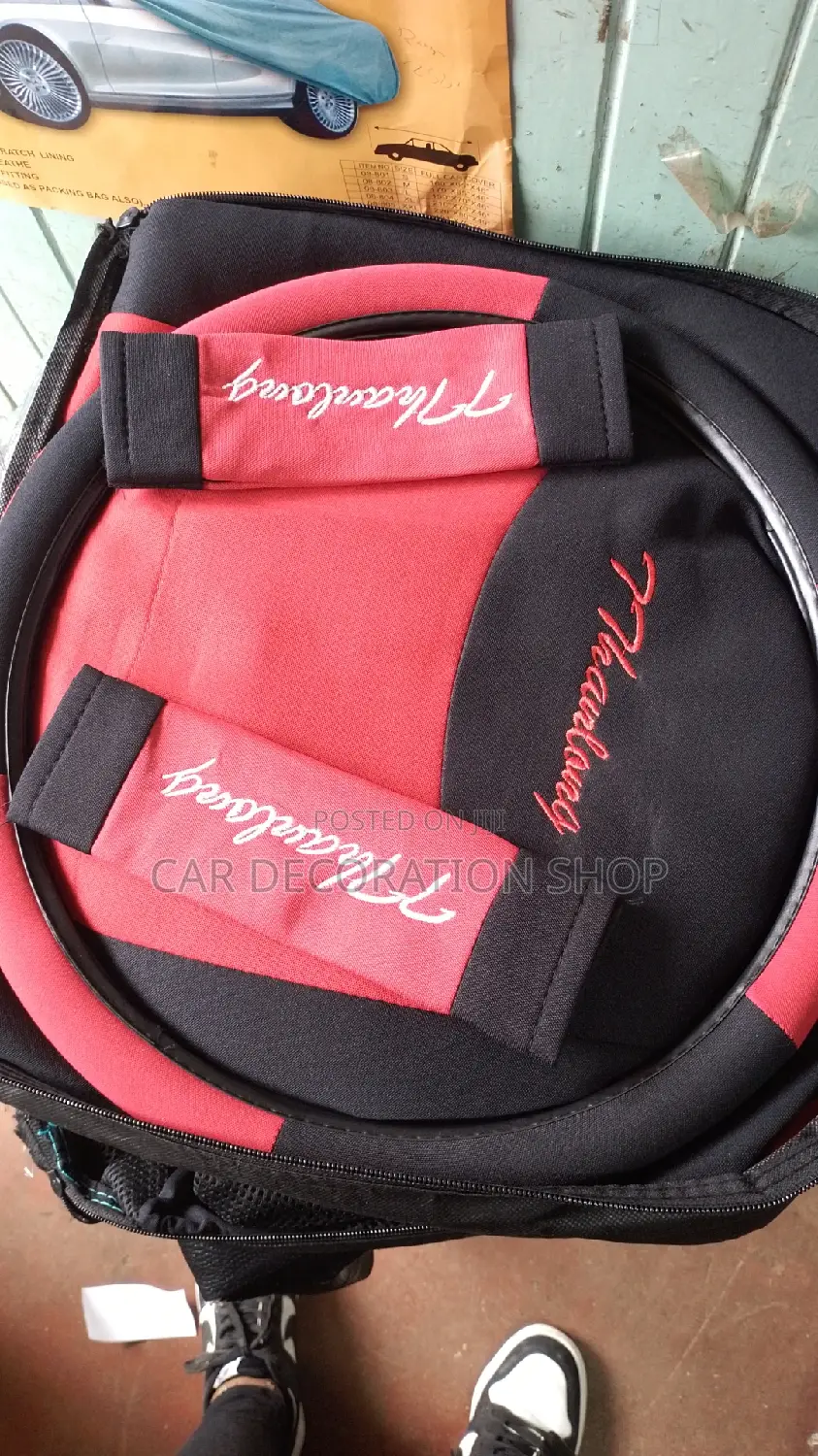 Red Black Fabric Seat Covers With Steering Wheel Cover