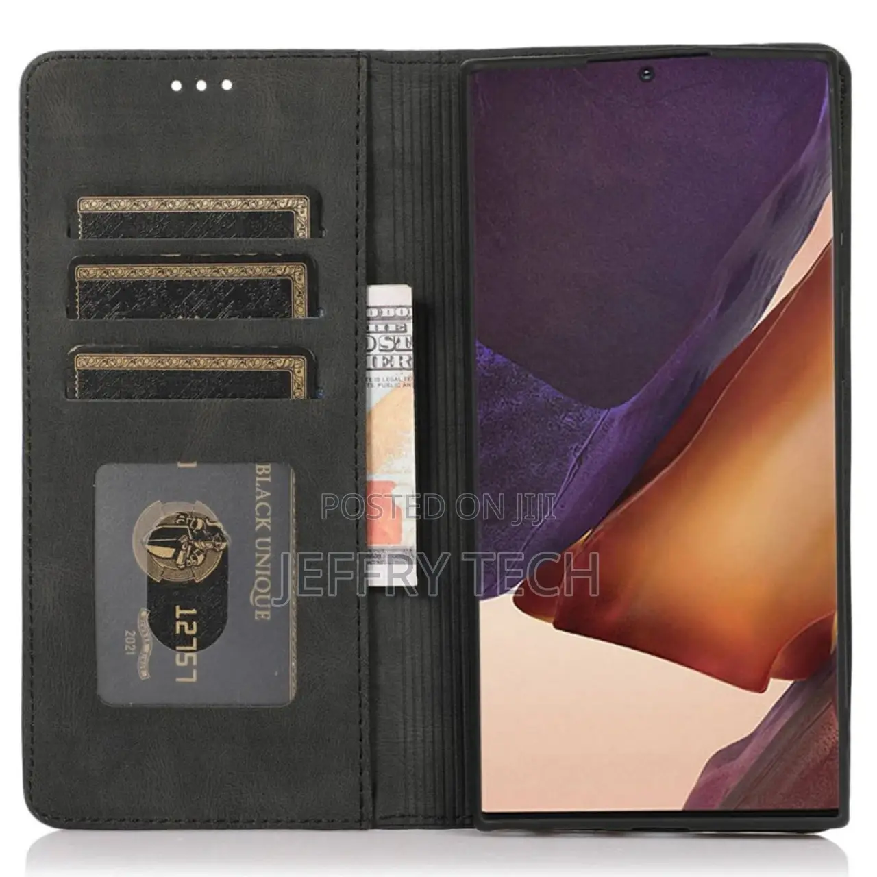 Leather Folio Wallet Case for Samsung Galaxy S24 Ultra - Bla