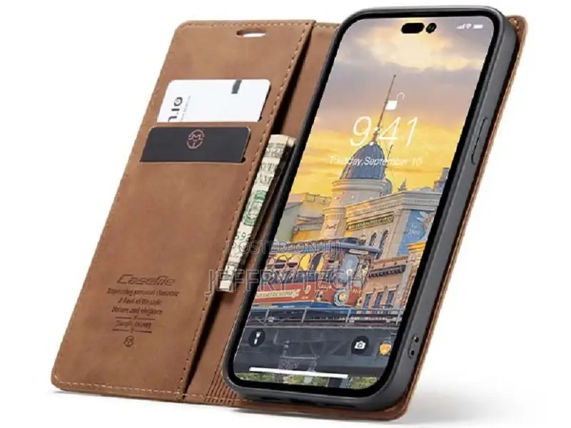 Leather Wallet Case With Stand for iPhone 14 Pro - Tan