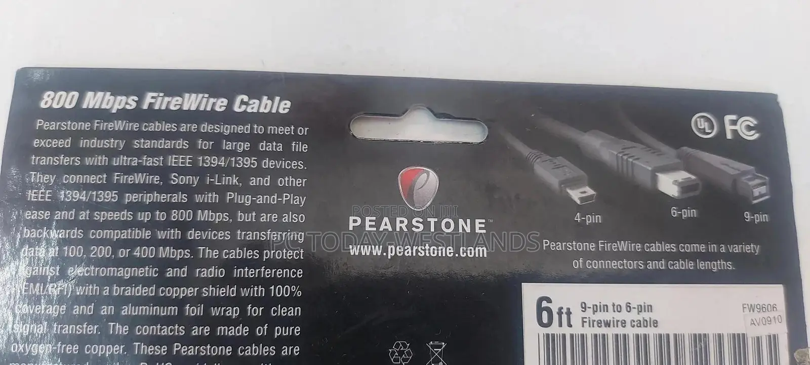 Pearstone Firewire 400 9-Pin to 6-Pin Cable - 6 Feet