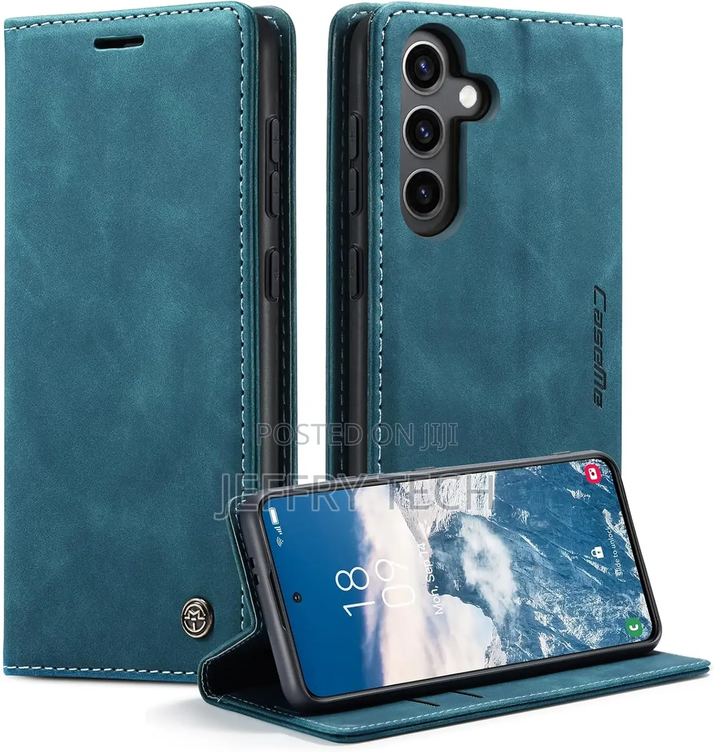 Leather With ID Credit Card Slots Holder Case (Blue, S24)