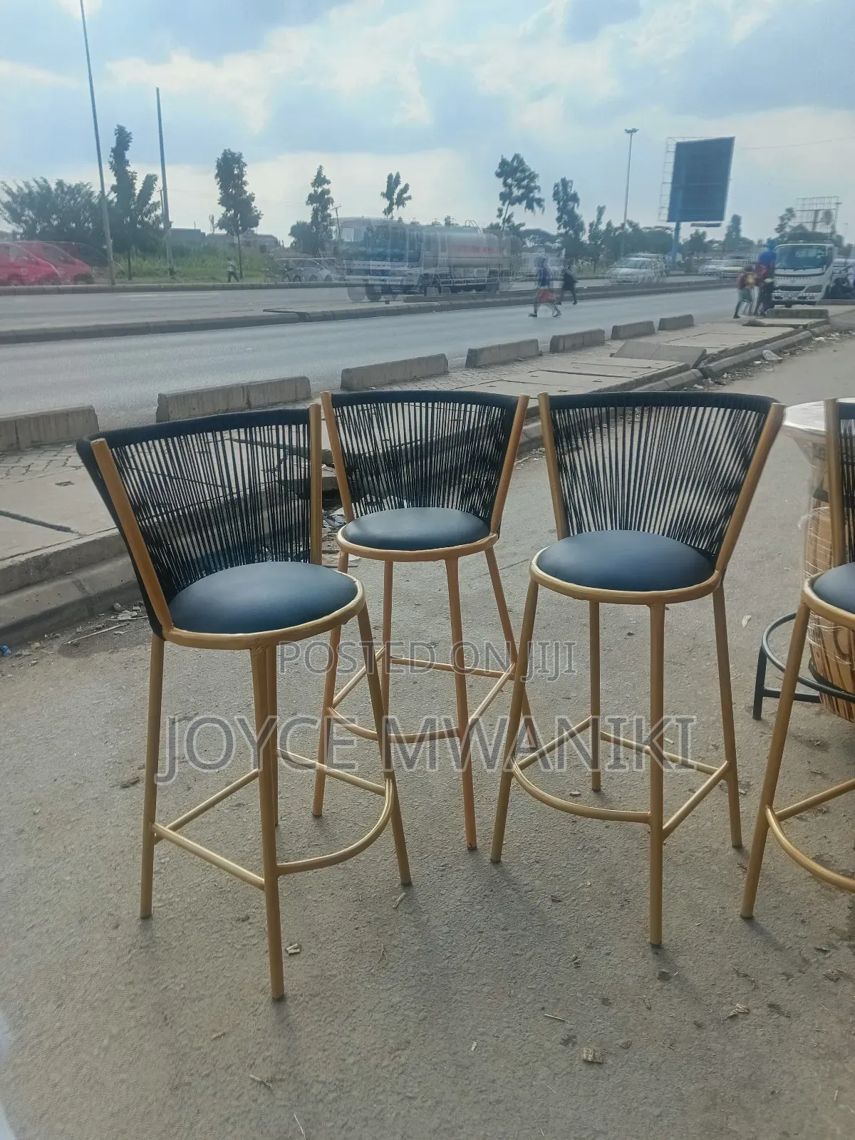 High Bar Chairs, Wooven Black and Gold Frame 