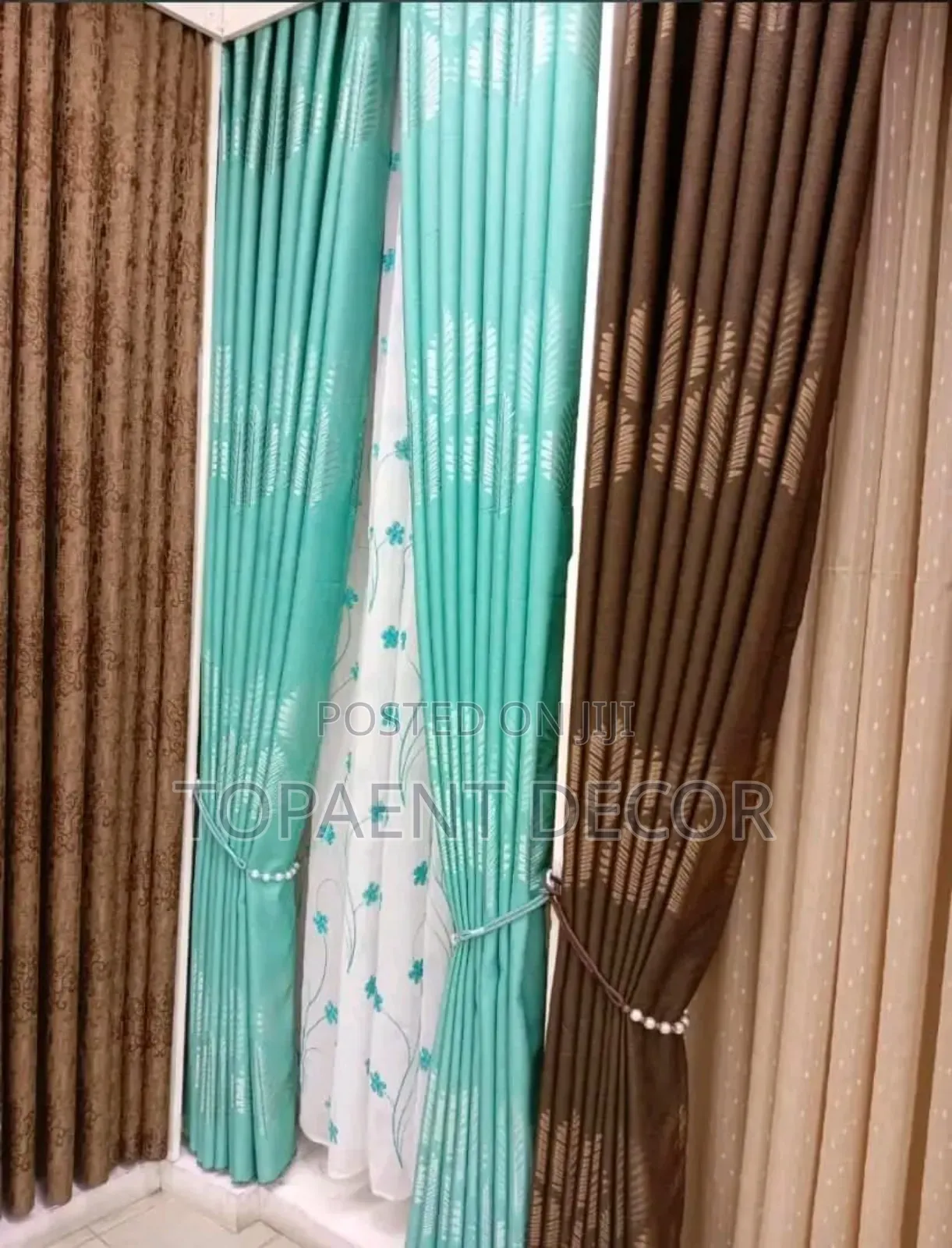Light Blue and Chocolate Brown Door Curtains