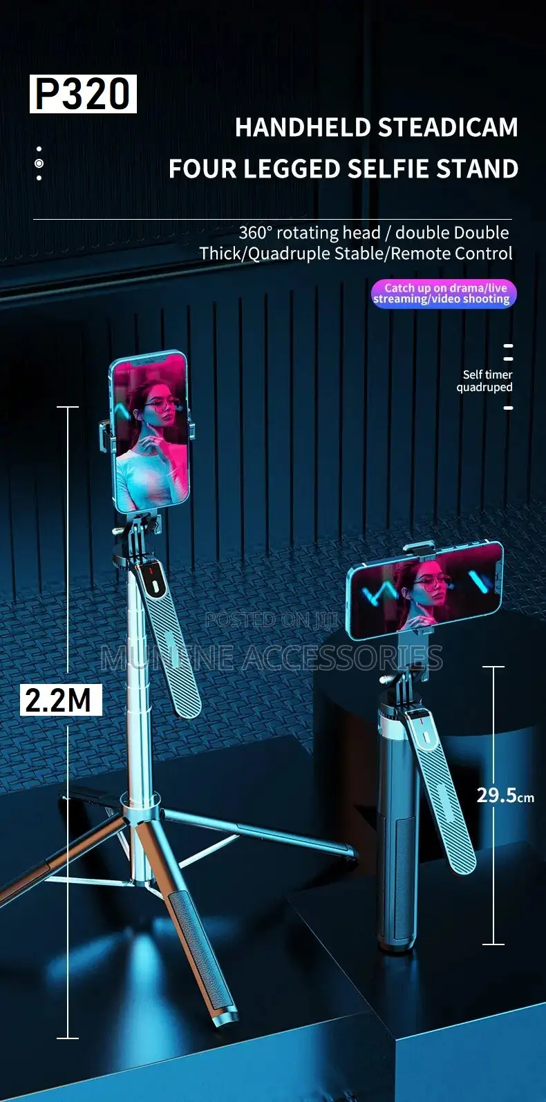 2.2M Selfie Stick Tripod Stand 360° Rotating Balance Handle