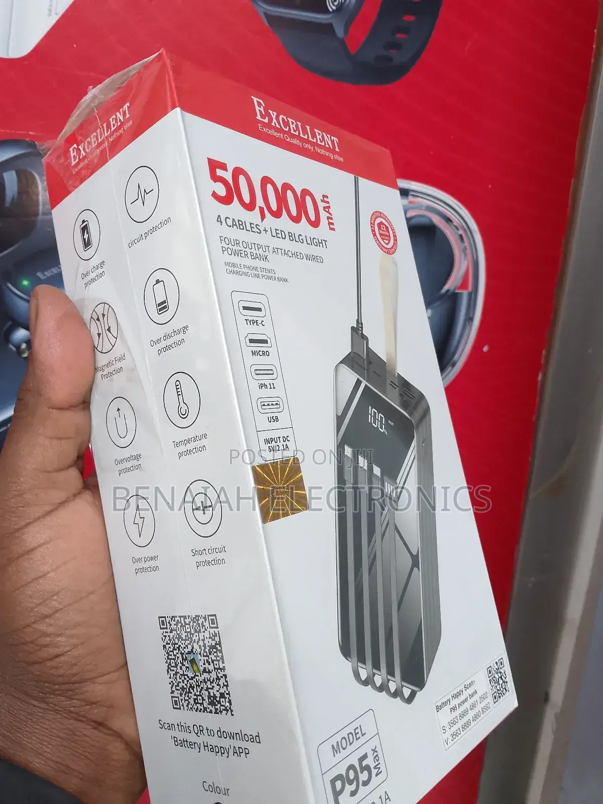 50000 Mah Excellent Power Bank.Led BLG Light + 4 Cables
