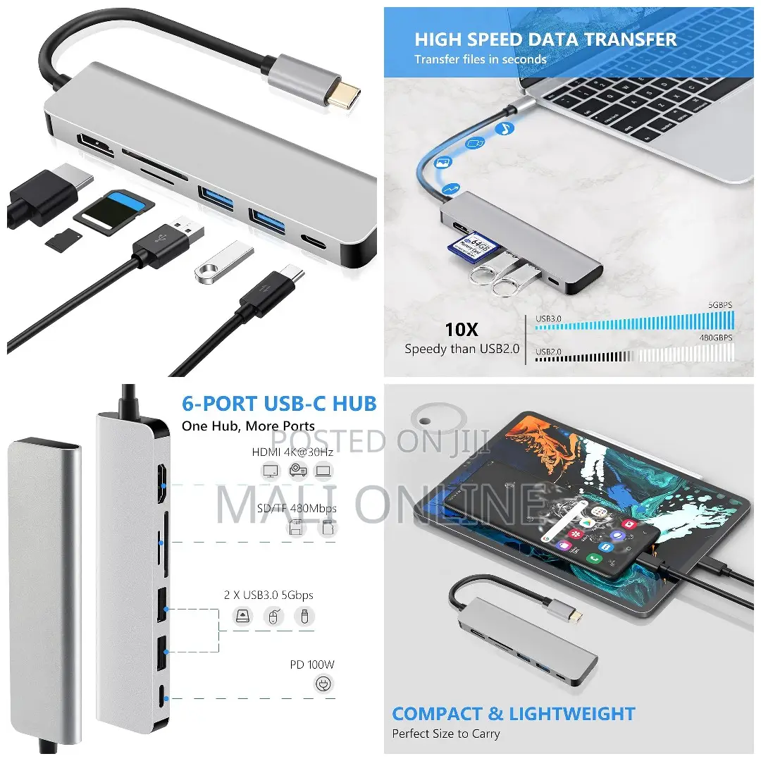 Type-C 6 in 1 USB Hub to Hdmi Multiport Adapter