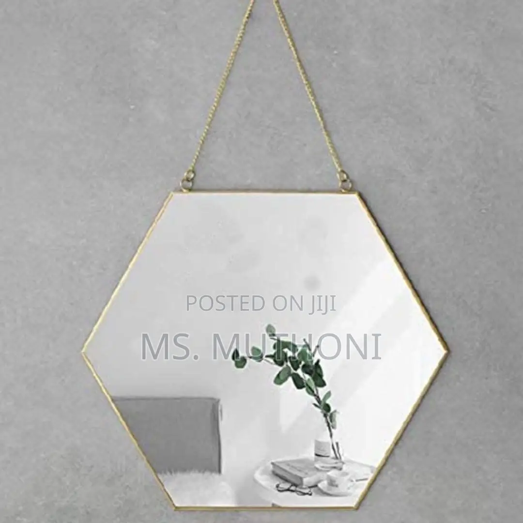 Hexagonal Metal Framed Mirror (Gold / Leather Strap)