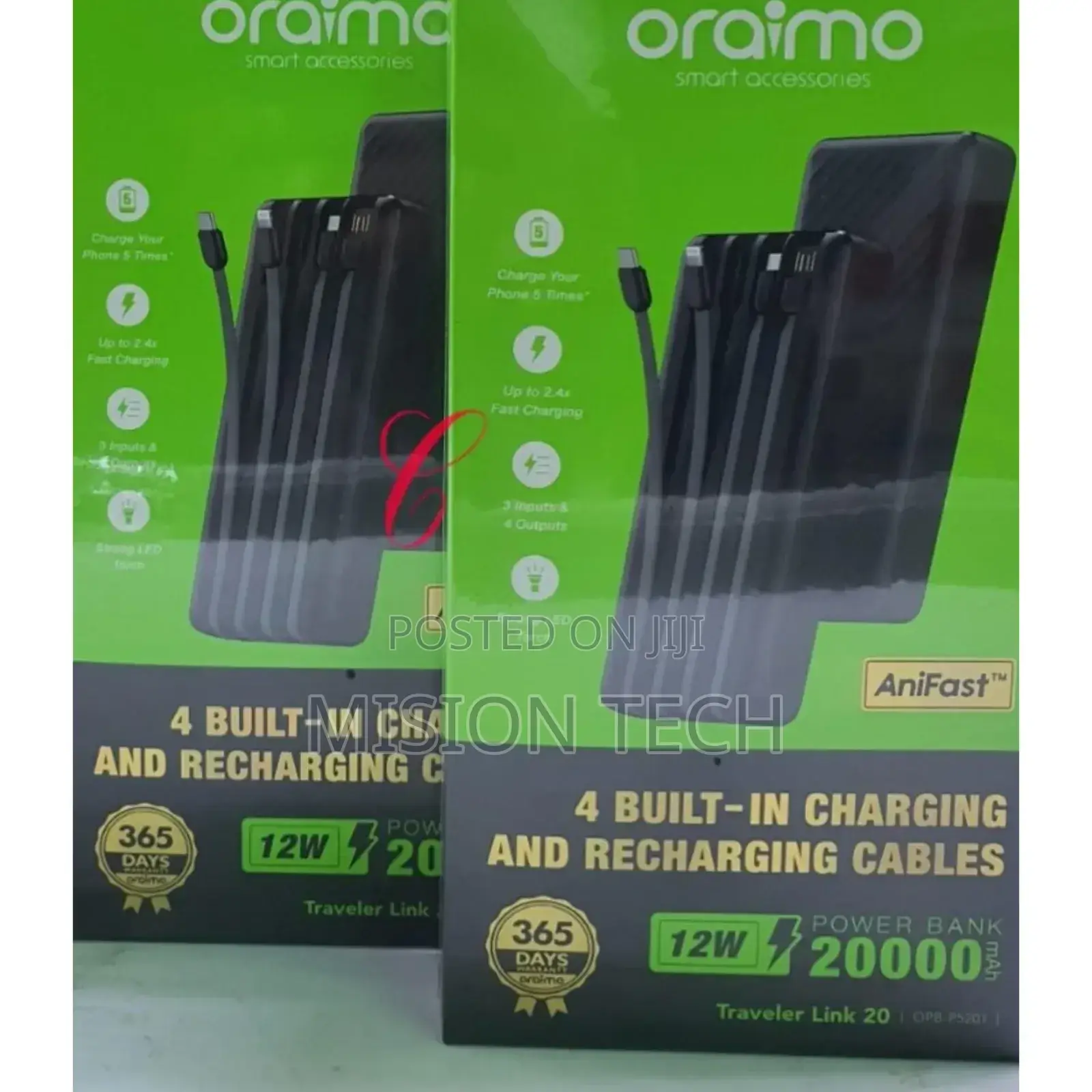 Oraimo PB-P5201 20,000mah Power Banks With Built in Cables