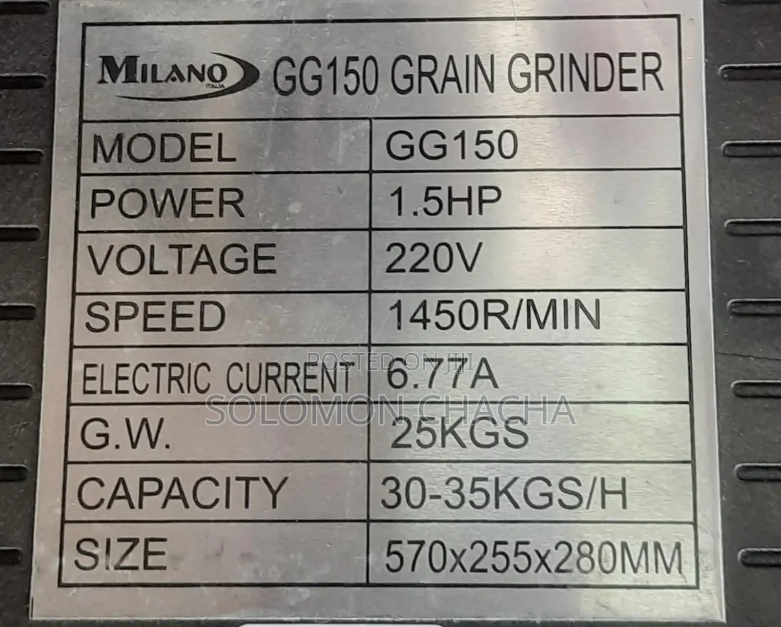 Milano Italia GG150 Grain Grinder Capacity 30-35kgs/Hr