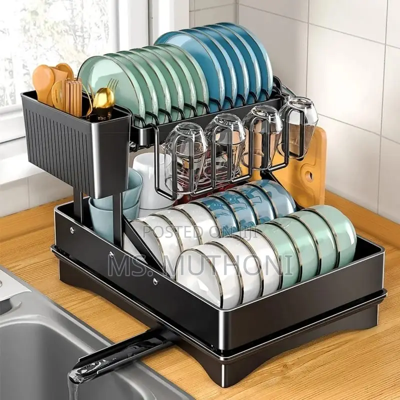 2 Tier Foldable Dish Drying Rack With Drip Tray