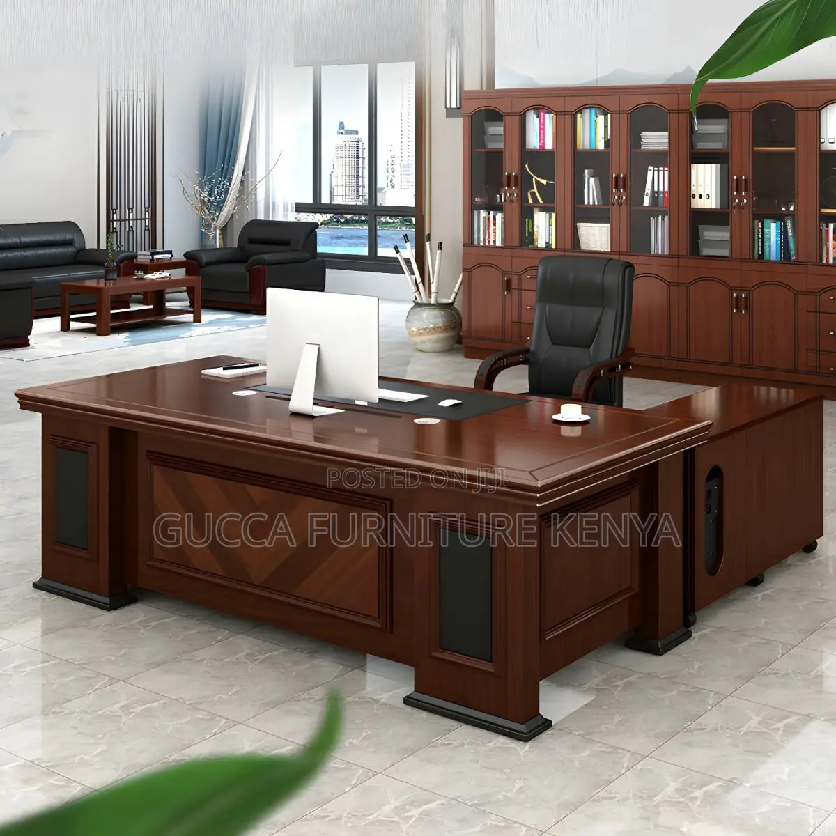 Elegant L-Shaped Executive Desk in Brown Wood