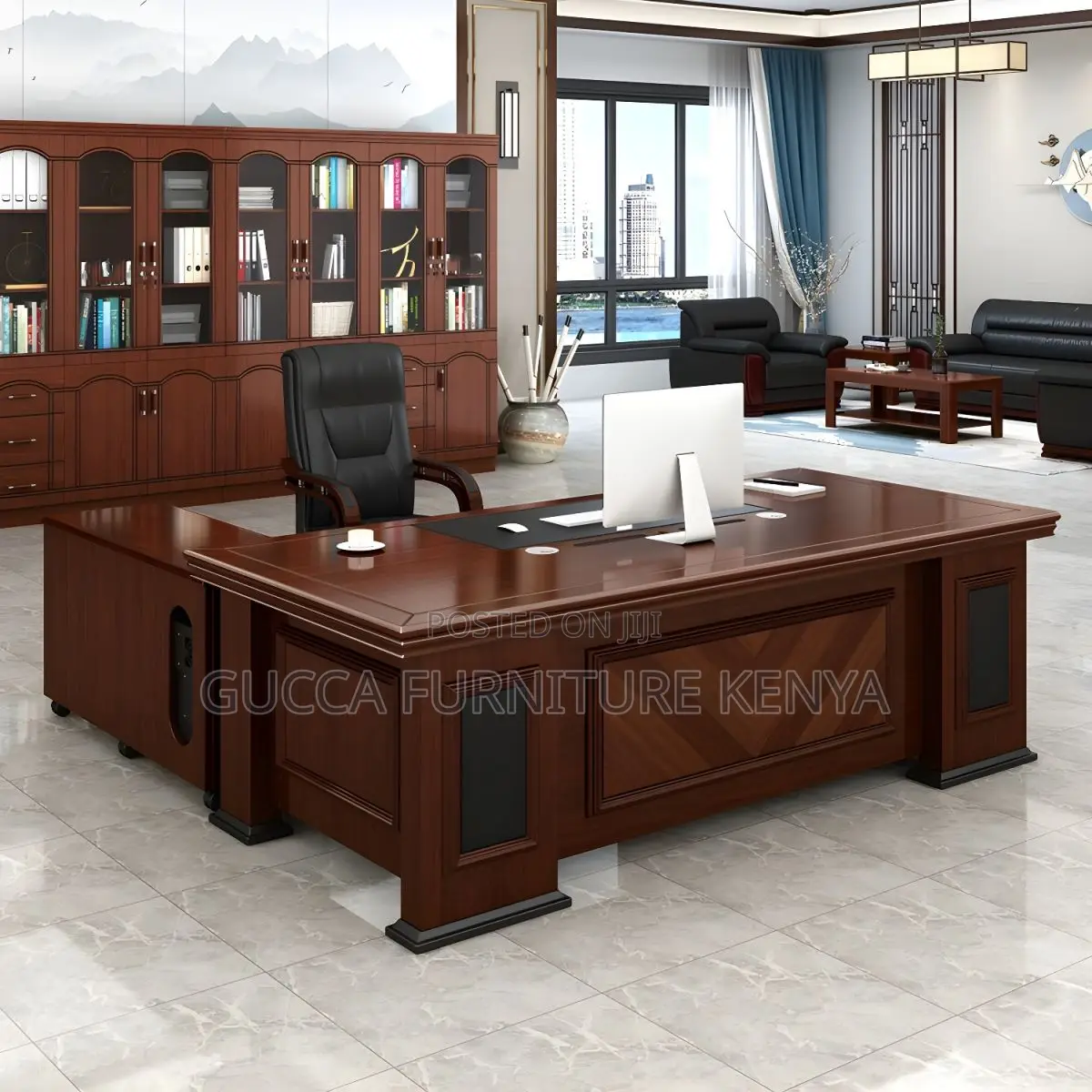 Elegant L-Shaped Executive Desk in Brown Wood