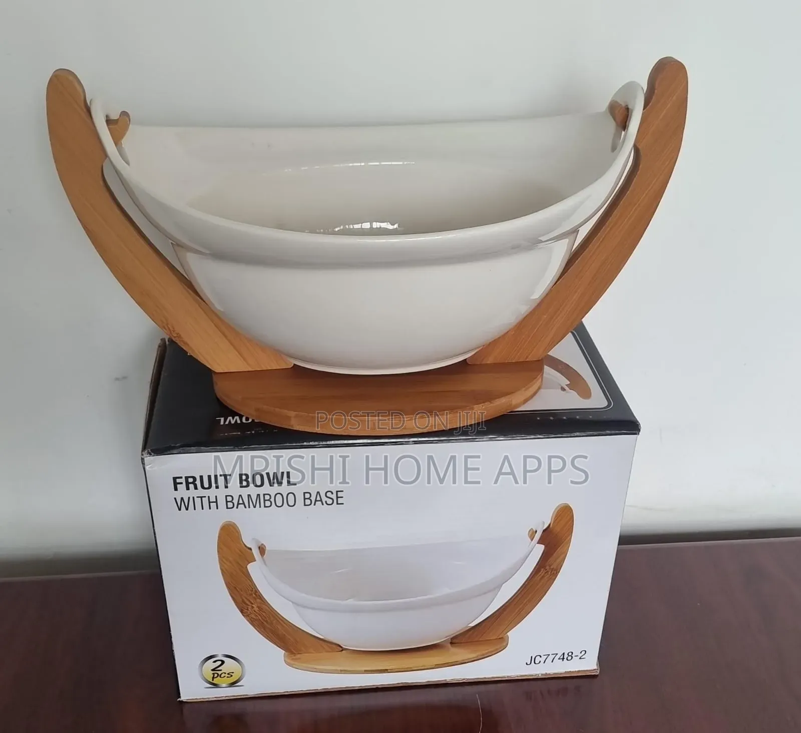 Ceramic Fruit Bowl With Bamboo Base 28cm
