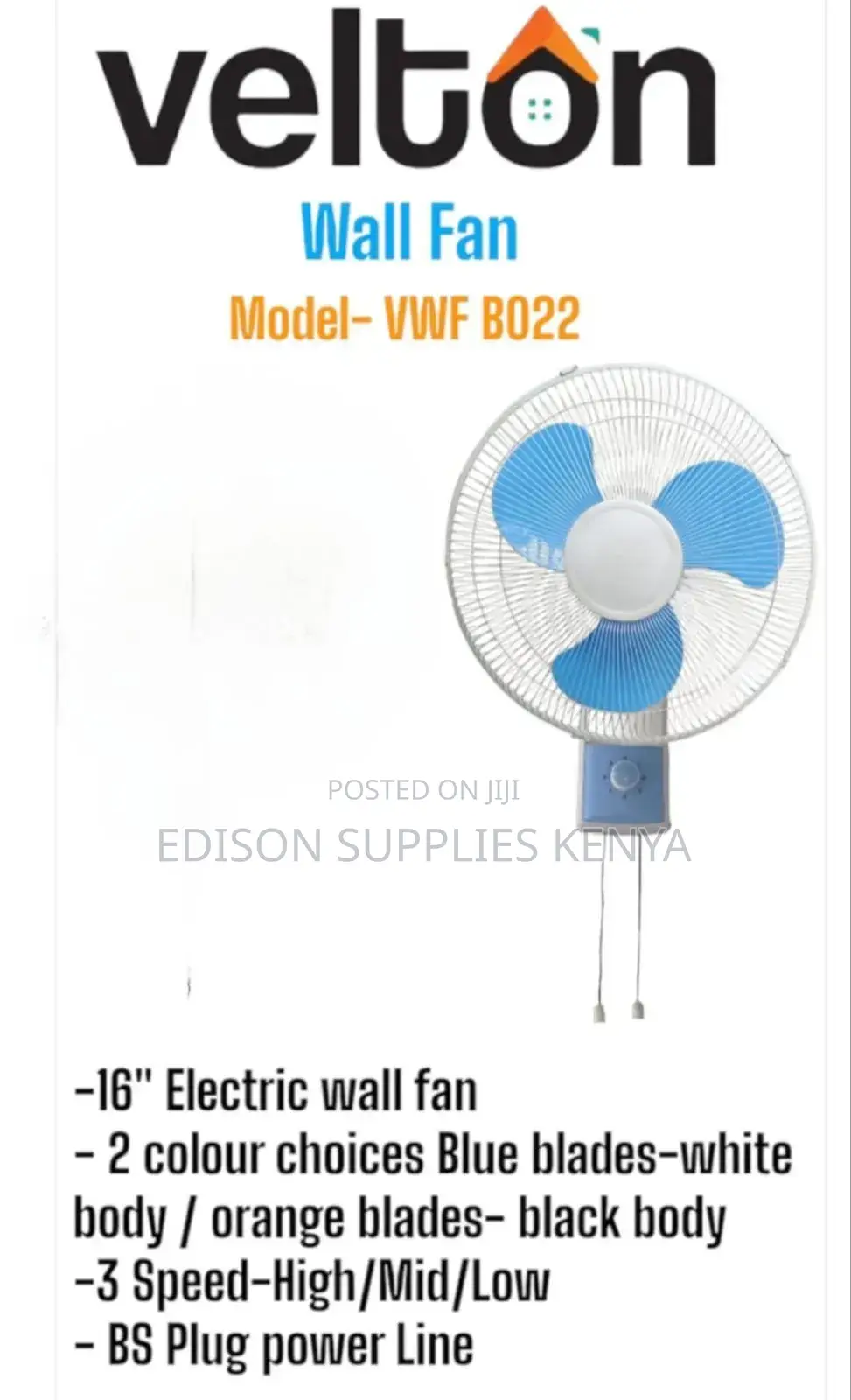Velton Wall Fan 16 Inches, Wall Mounted Fan