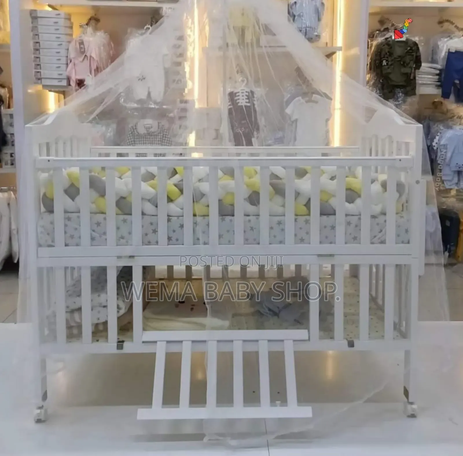 Wheeled Imported Cot With Mattress ,Braided Bumpers M/Net