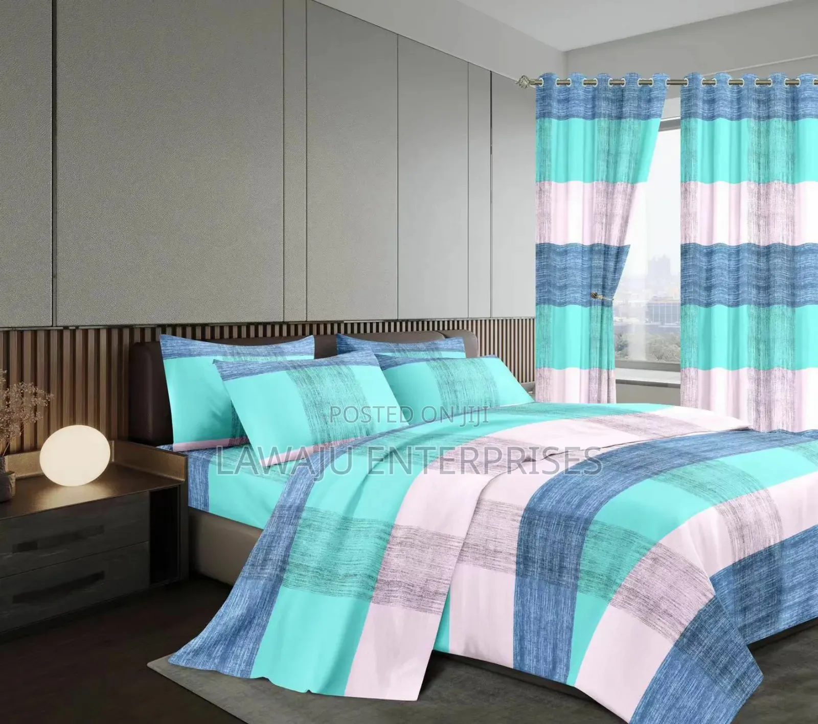 Stripped Blue 7 Pc Cotton Duvet Set With Curtains
