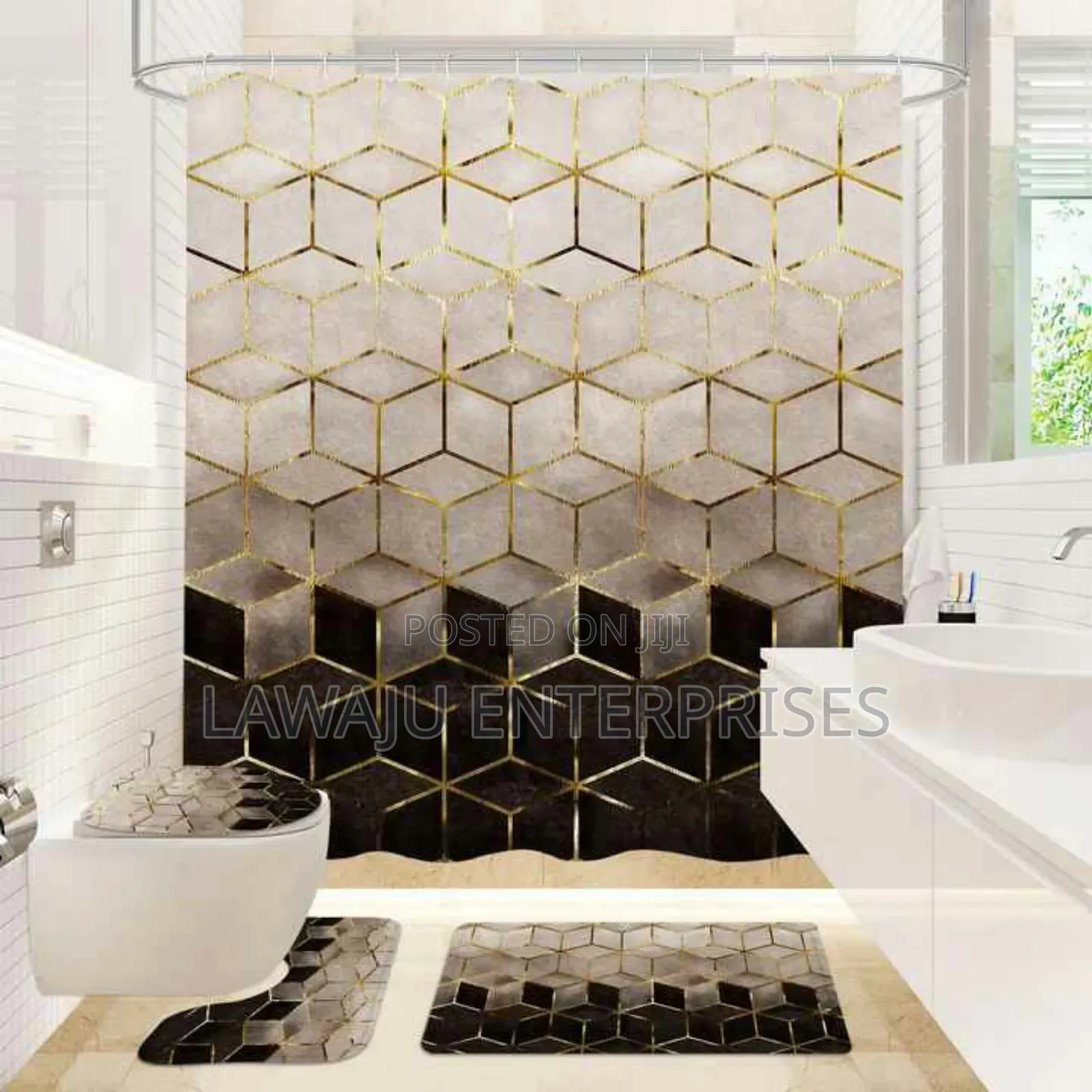 Black and Gold 4 in 1 Shower Curtain Set
