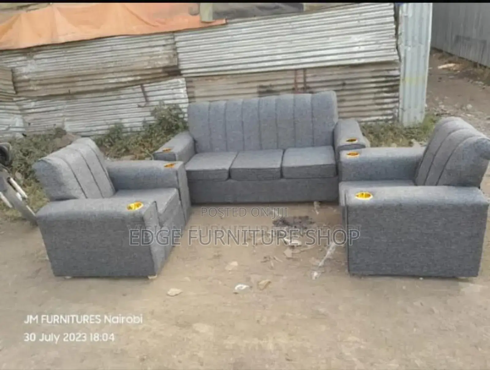Grey Five Seater Sofa Set With Gold Cup Holders