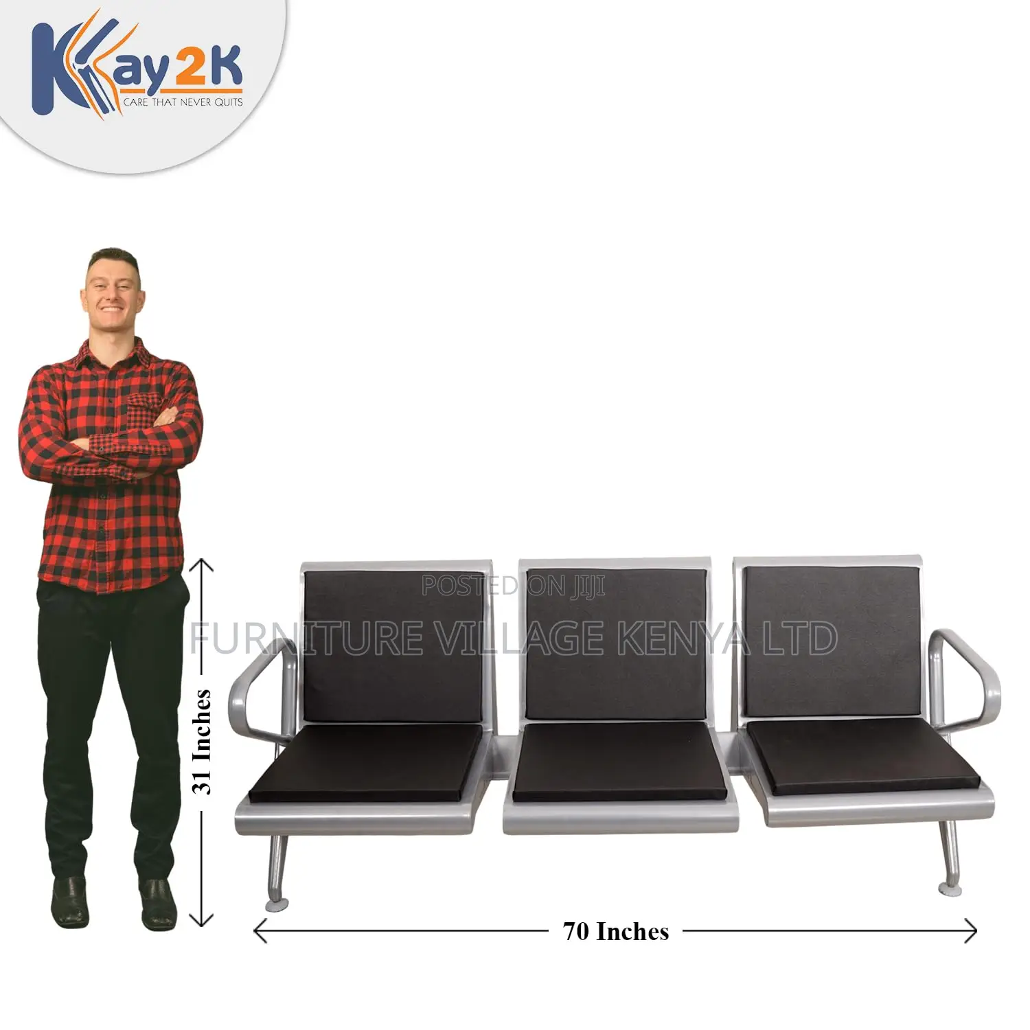 Reception Bench, Three Seater Waiting Room Chair in Black