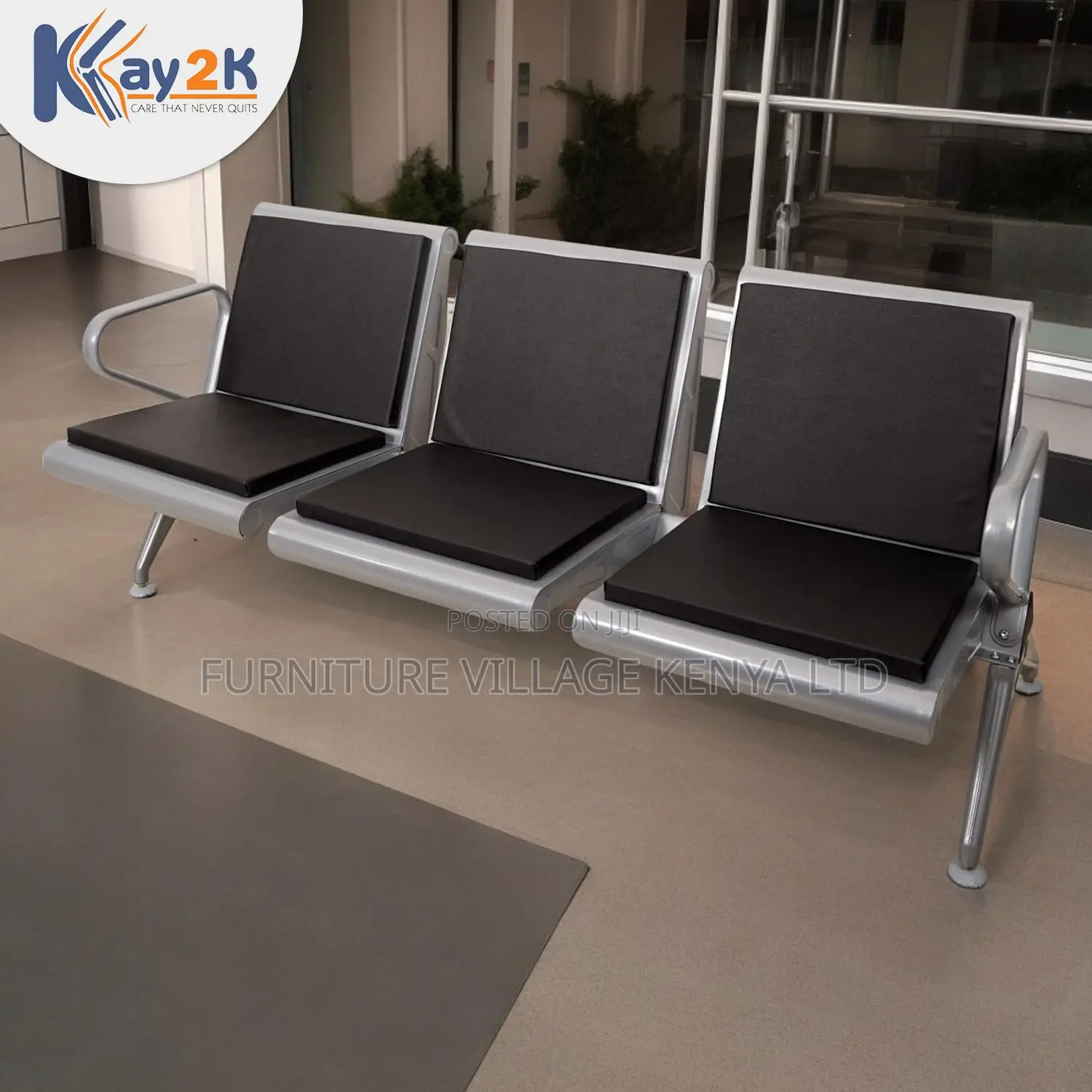 Reception Bench, Three Seater Waiting Room Chair in Black