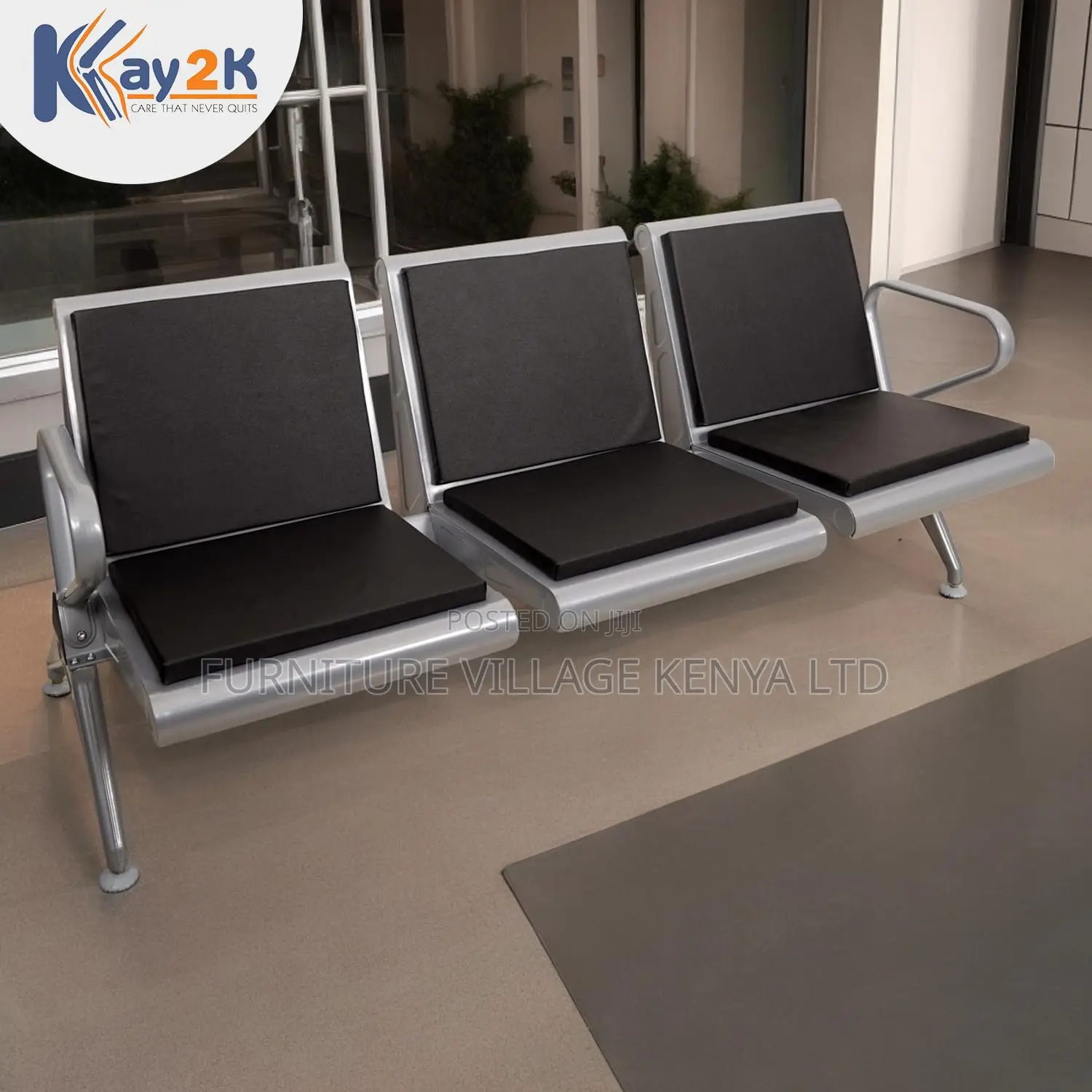 Reception Bench, Three Seater Waiting Room Chair in Black