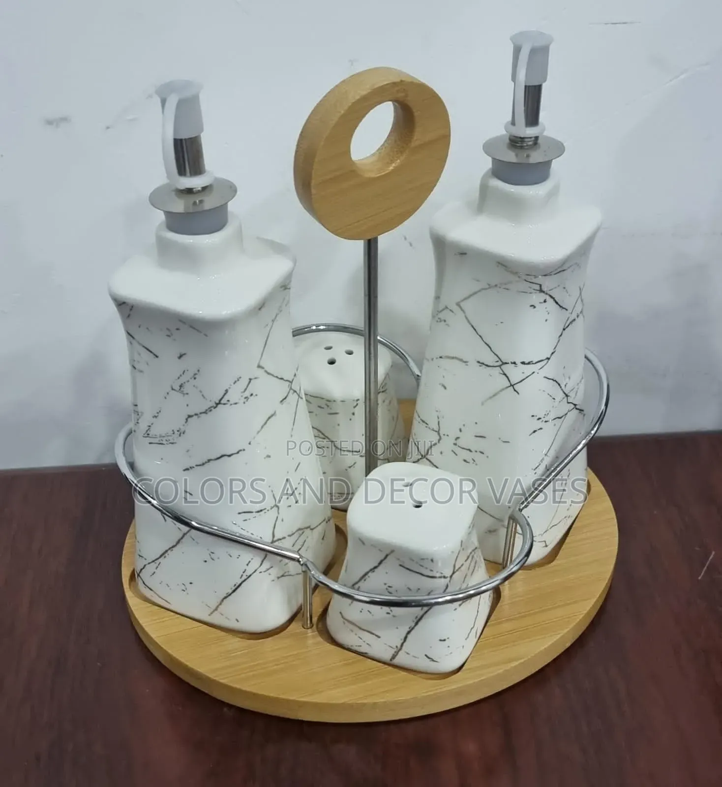 Set of 4 Ceramic Season Oil Dispenser Shakers on Bamboo Base