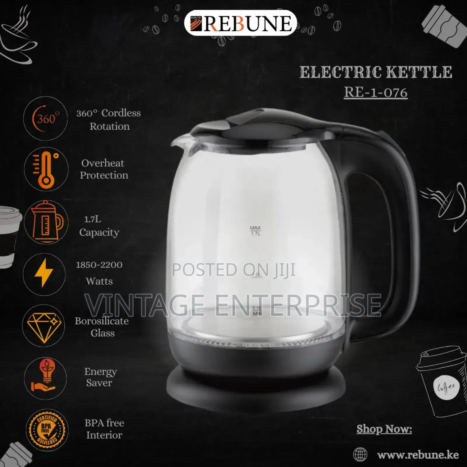 1.7L Rebune Glass Kettle