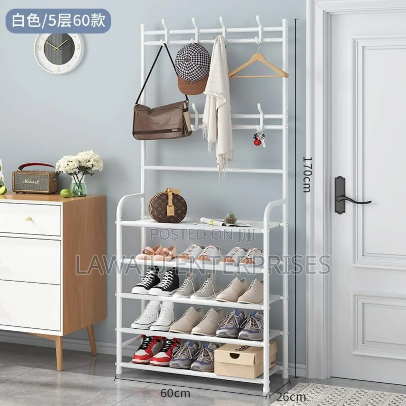White Multifunctional Shoe Rack With Hooks