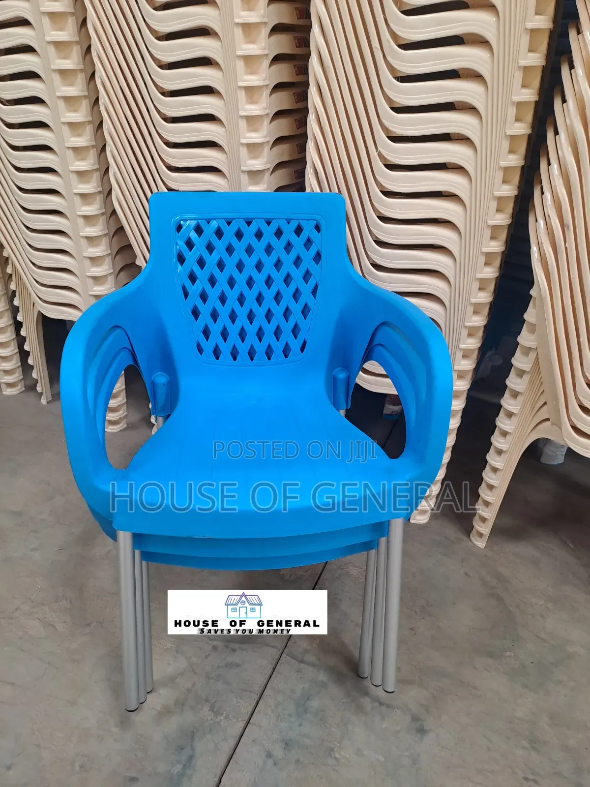 Blue Strong Plastic Chair With Metal Legs