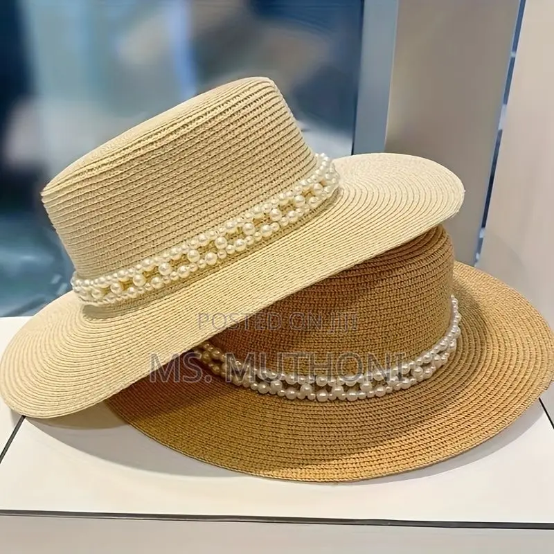 Chic French -Inspired Straw Sun Hat With Faux Pearl Accent