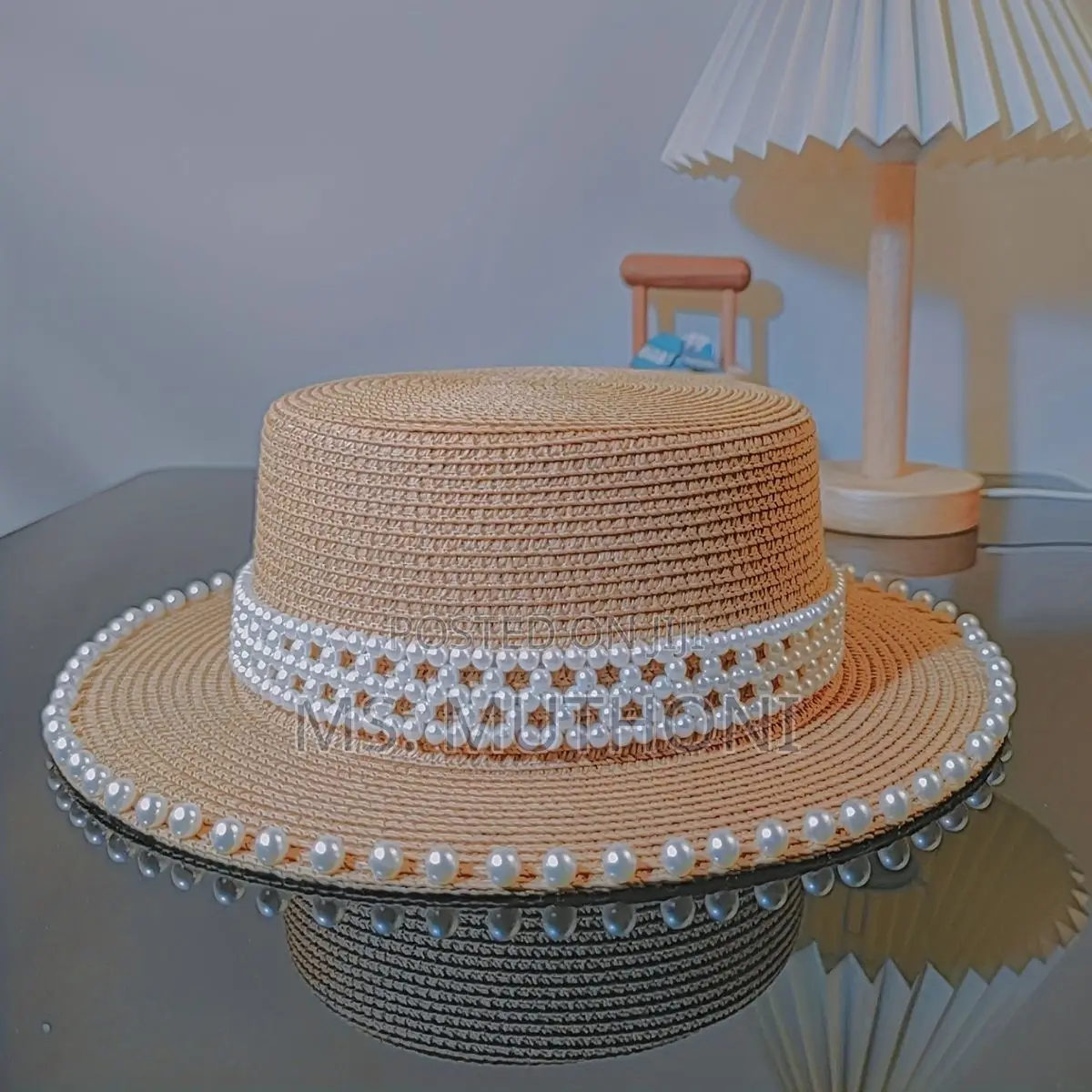 Chic French -Inspired Straw Sun Hat With Faux Pearl Accent