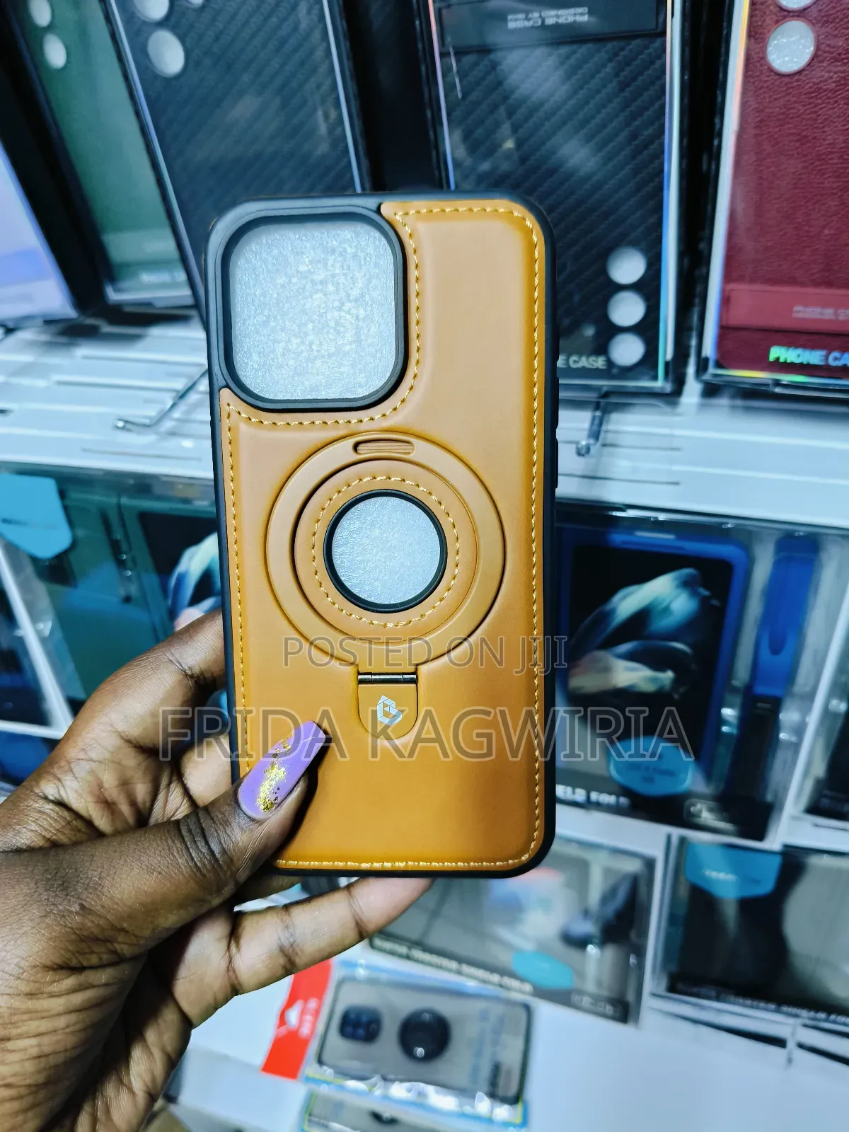 iPhone 15 Promax Brown Leather Magnetic Back Case With Stand