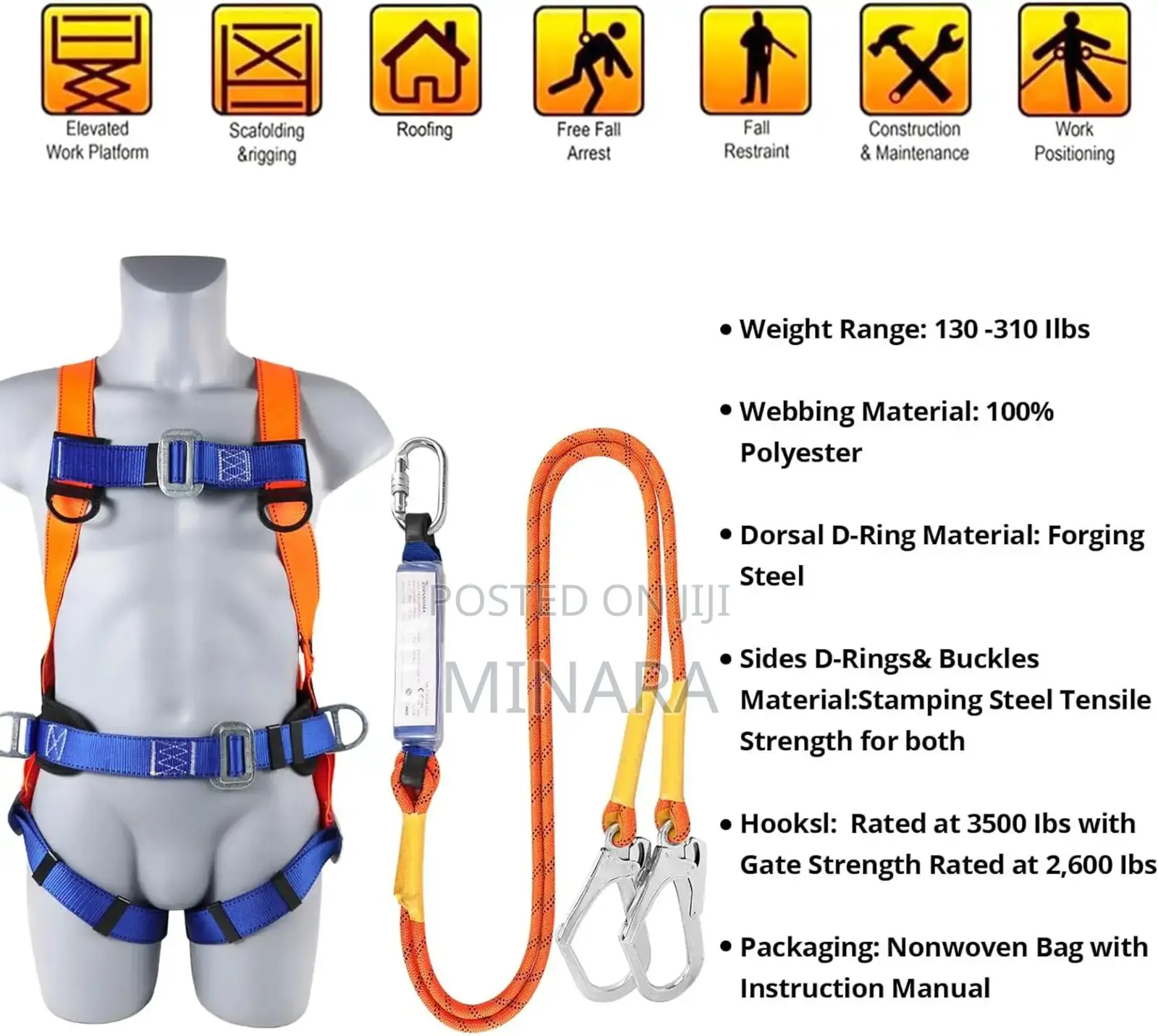 Full Body Safety Harness, Double Hook Lanyard