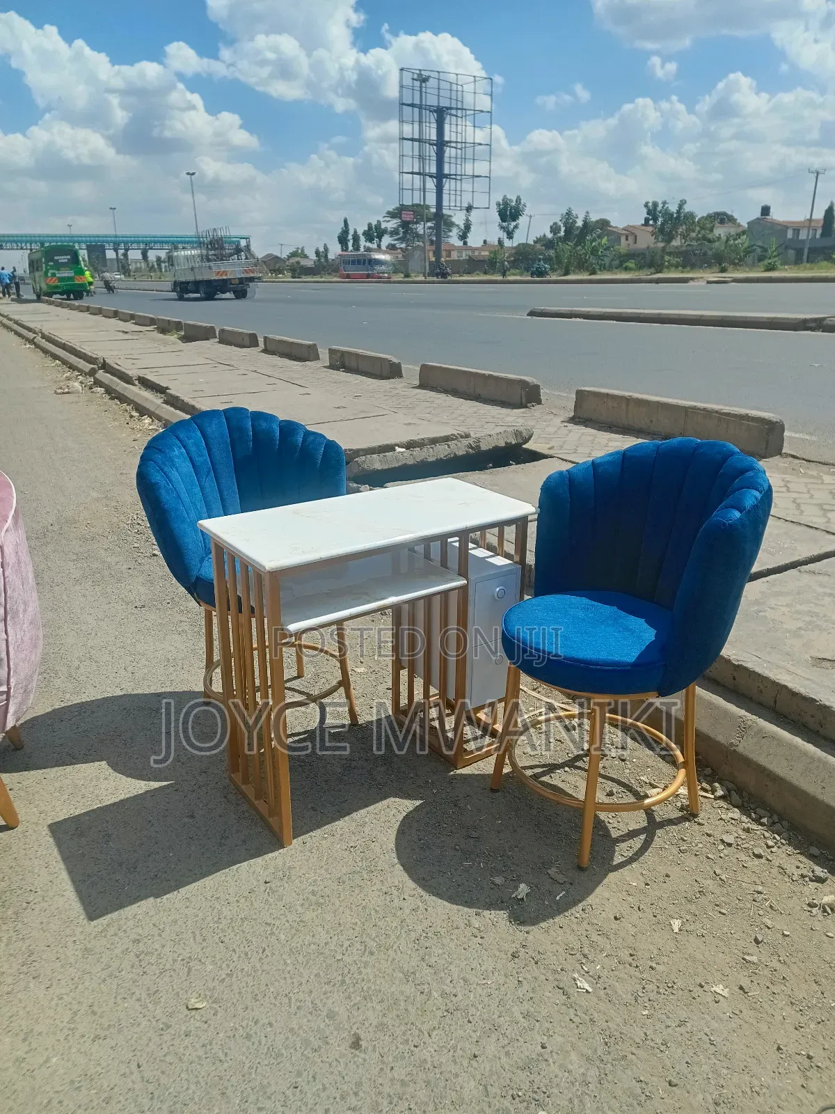 Manicure Set, Marble Table and 2 Flower Seats, Navy Blue 