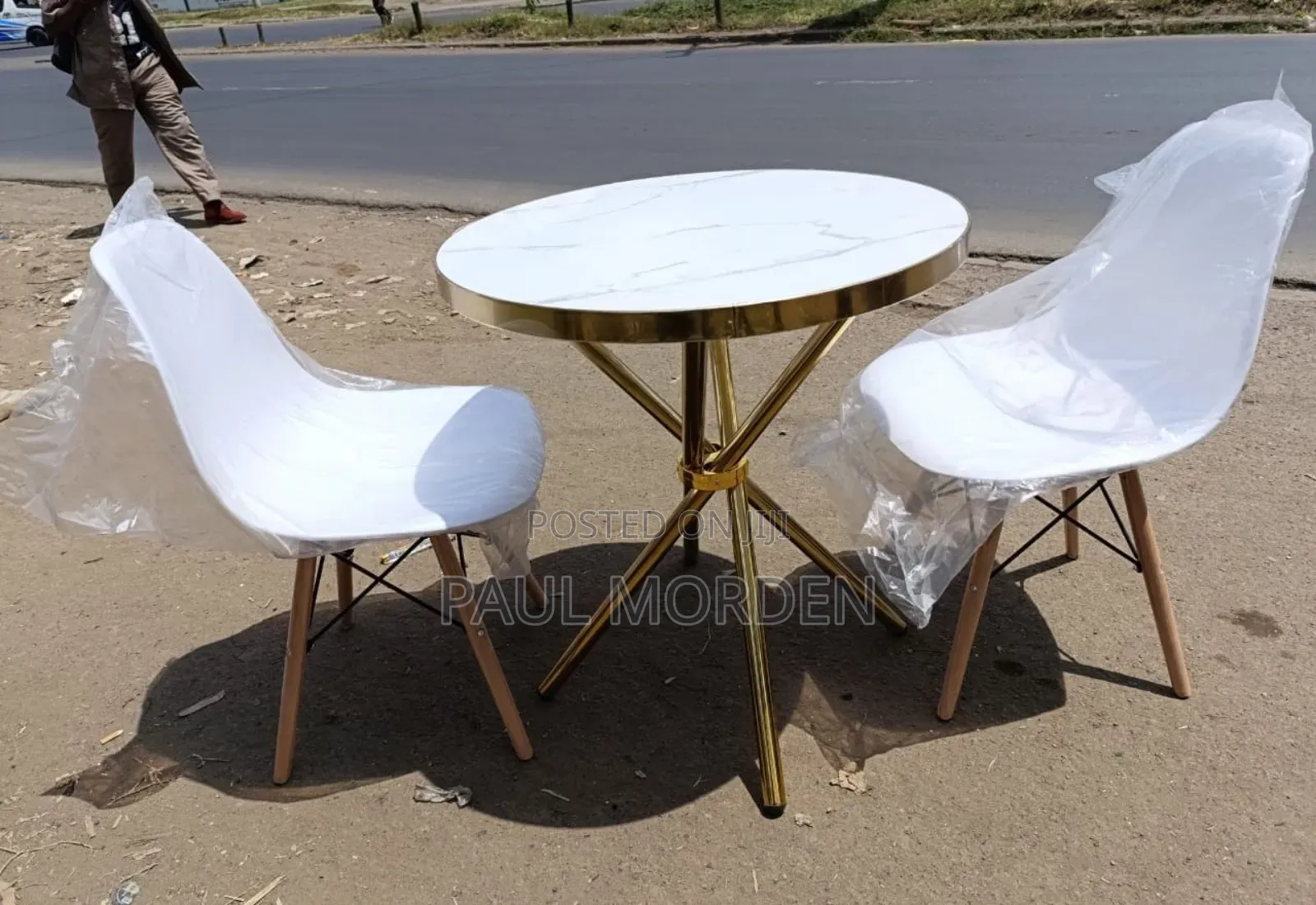 Silver Stand Round Table With Two Dining Chairs