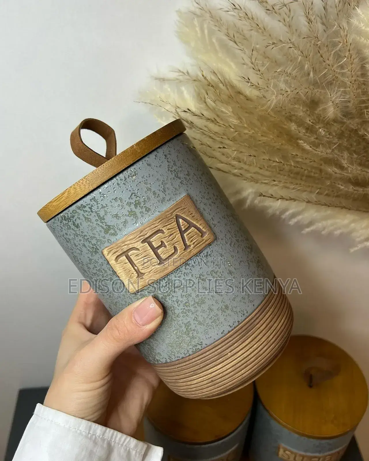 Sugar Dish, Ceramic Canisters 3pcs With Bamboo Base