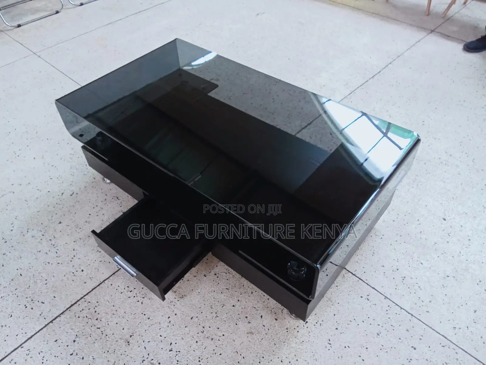 Coffee Table: Wood Black Glass Top Modern Coffee Table