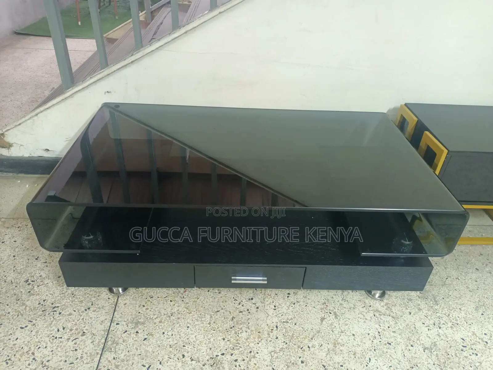 Coffee Table: Wood Black Glass Top Modern Coffee Table