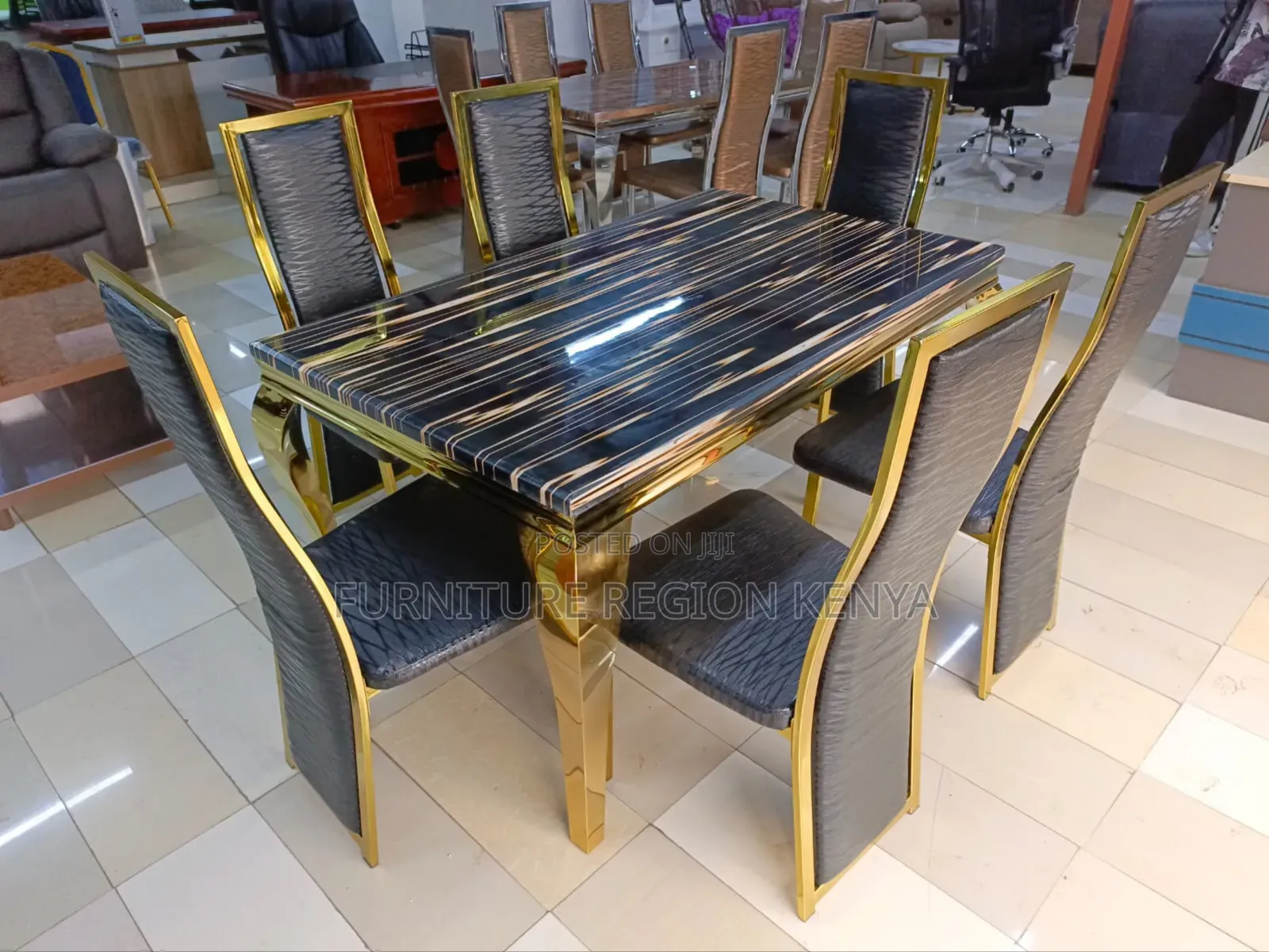 Marble Top Table With Golden Finish,Six Seater.