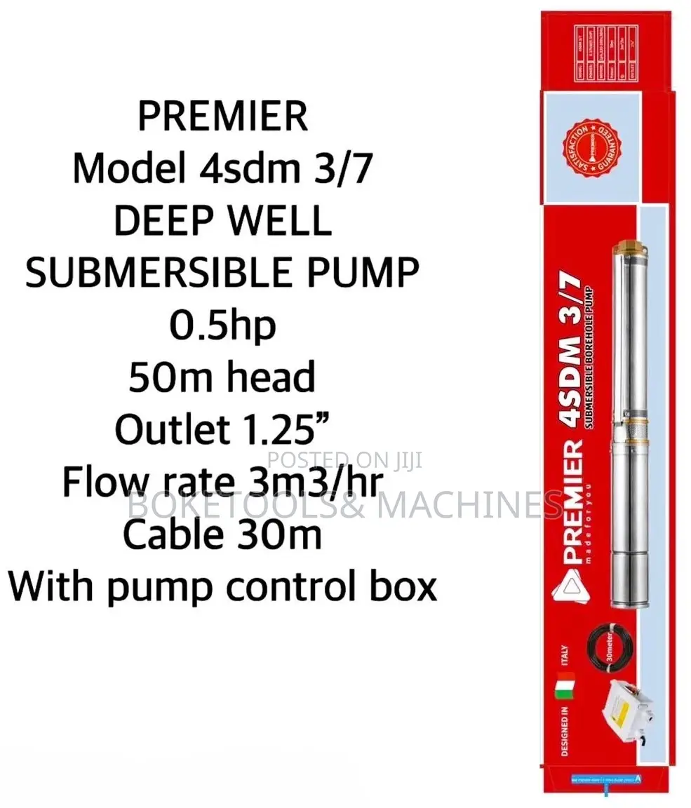 Premier Deep Well Submersible Pump 0.5HP 50m Head 1.25"