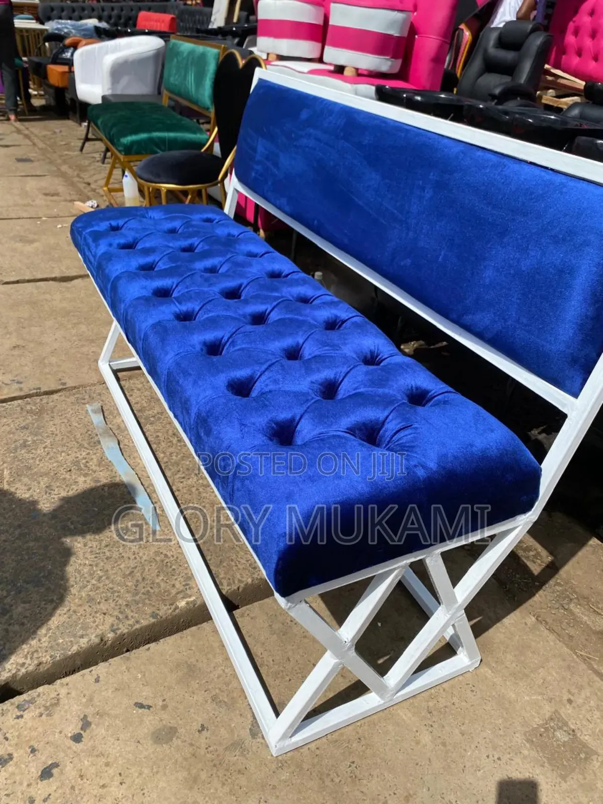 Blue Velvet Waiting Bench