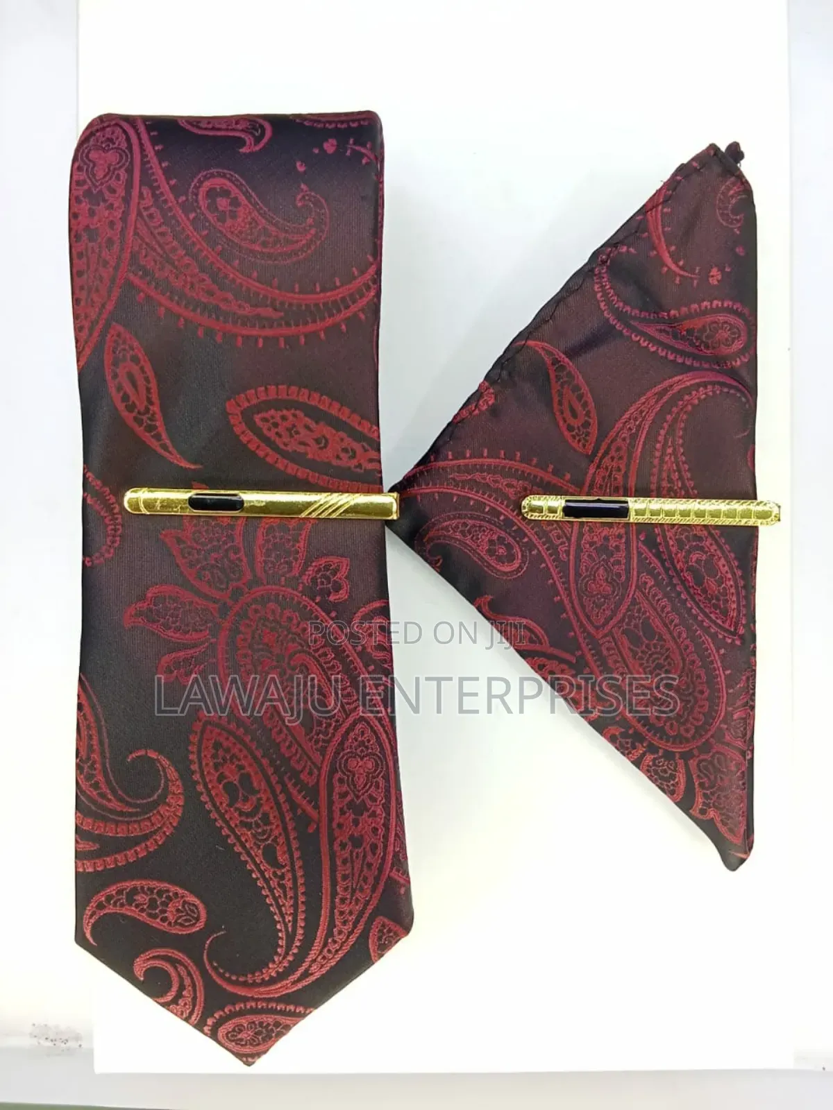 Maroon Stripped Silk Men's Tie With Pocket Square